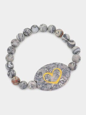 Heart Stone Bracelet - Gray Picasso Jasper Beaded Stretch, Carved Heart Charm